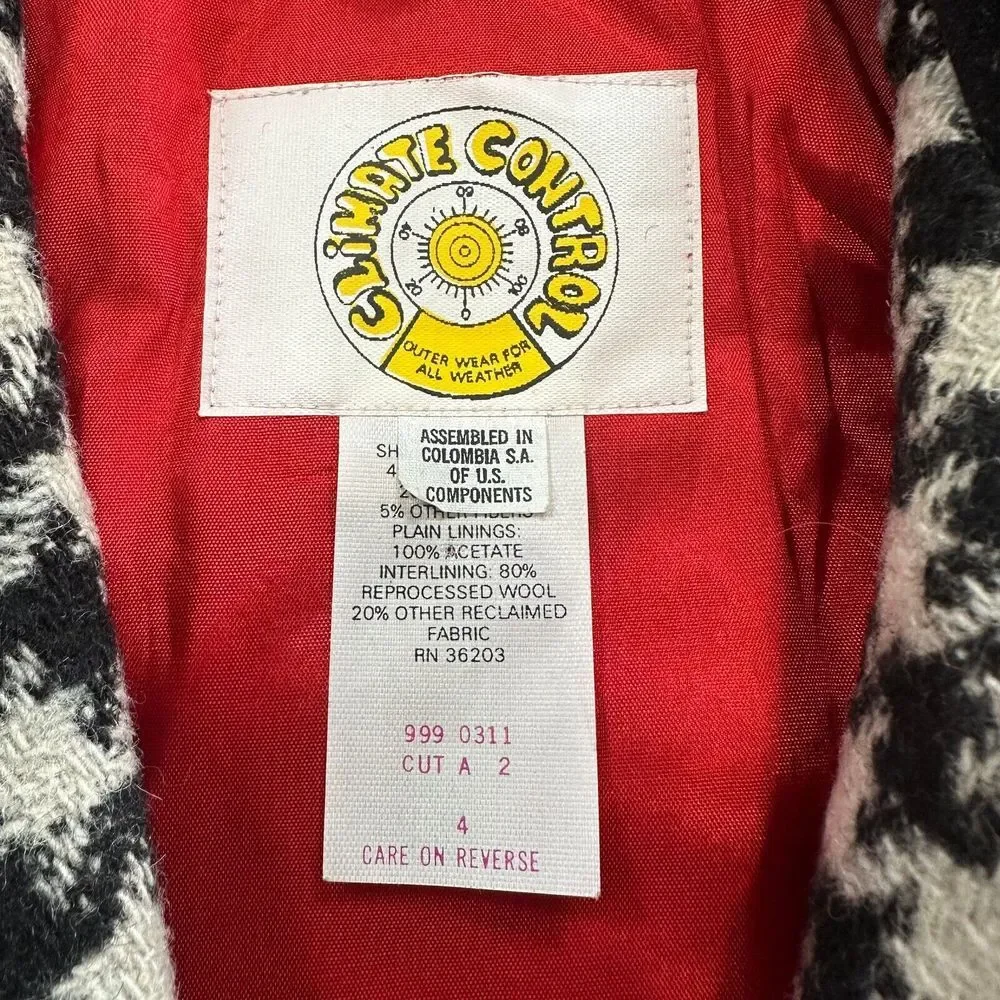 NOS Vintage Climate Control Jacket Girls Sz 4 Black White Houndstooth Wool Blend